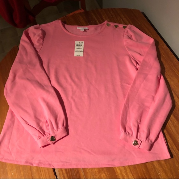 NWT Charter Club pink & gold heart buttons sweatshirt L - Picture 1 of 6